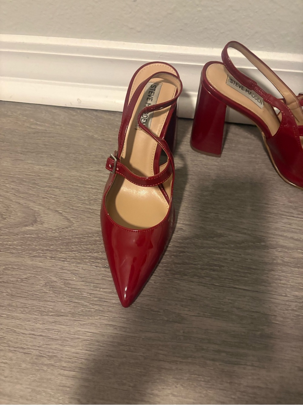 Steve Madden Red Patent Pointed Slingback Block Heels